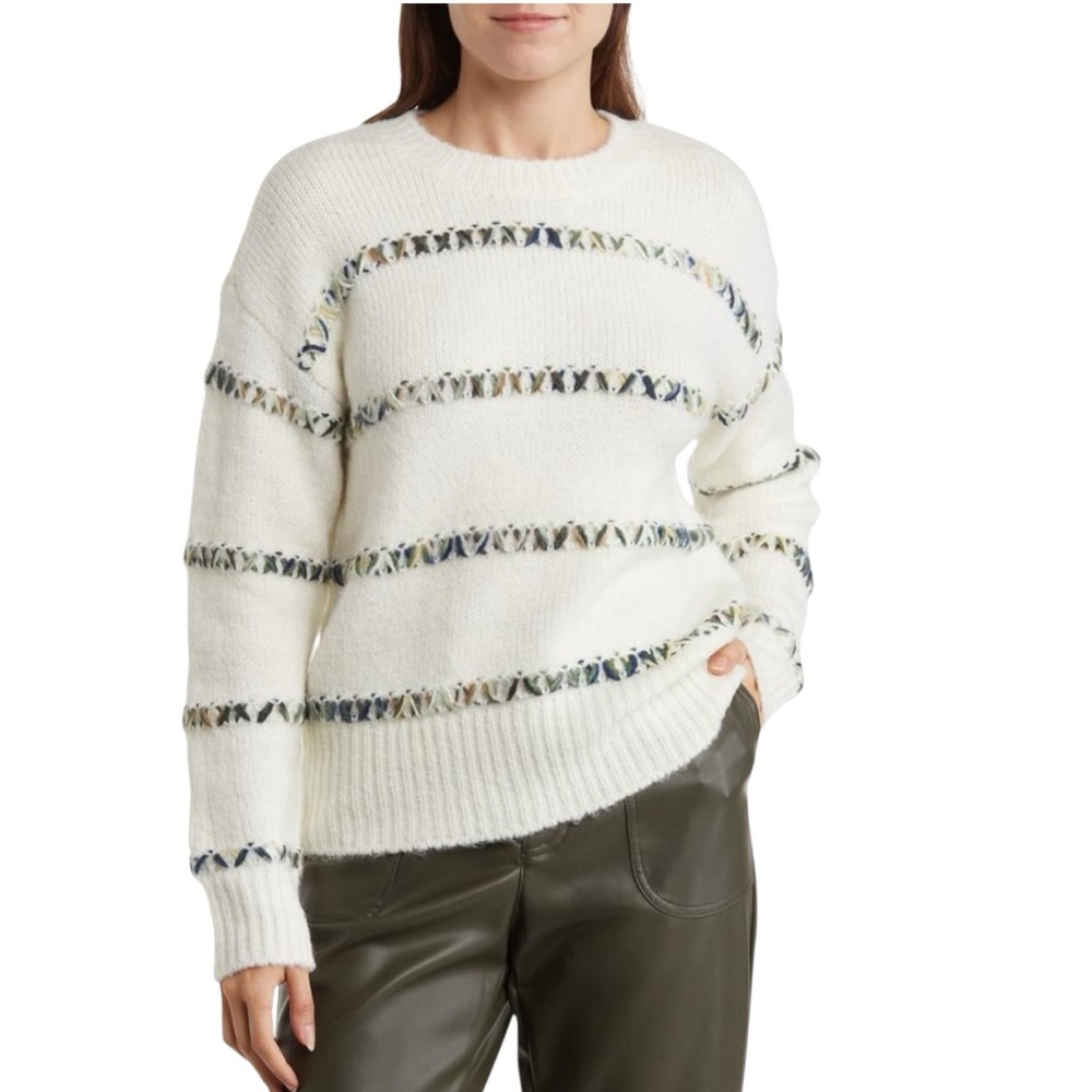 Grey Collective Cozy Winter White Confetti Stripe Knit Wool Sweater Lg Crew Neck